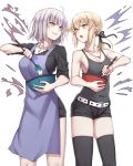  2girls :o ahoge artoria_pendragon_(all) bangs bare_back bare_shoulders belt belt_buckle black_legwear black_ribbon black_shirt black_shorts blush breasts buckle cleavage collarbone cowboy_shot dough eye_contact eyebrows_visible_through_hair fate/grand_order fate_(series) hair_ribbon heart holding_bow jeanne_d&#039;arc_(alter)_(fate) jeanne_d&#039;arc_(fate)_(all) jewelry long_hair looking_at_another low_ponytail medium_breasts michihasu multiple_girls necklace open_mouth parted_lips pendant purple_apron ribbon saber_alter shirt short_hair shorts sideboob silver_hair simple_background sleeveless sleeves_pushed_up standing tank_top thigh-highs white_background yellow_eyes 