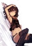  1girl absurdres animal_ears arm_up bangs black_hair brown_eyes camisole hair_between_eyes hand_on_own_head hand_on_own_stomach highres inaba_tewi kaamin_(mariarose753) lying midriff navel on_back rabbit_ears short_hair solo thigh-highs touhou white_background 