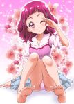  1girl ;) bare_legs barefoot commentary_request floral_background hair_ornament hanzou highres hugtto!_precure nono_hana one_eye_closed panties pink_background pink_eyes pink_hair pink_panties precure salute short_hair sitting smile solo underwear x_hair_ornament 