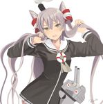  &gt;:d 1girl amatsukaze_(kantai_collection) artist_name blush cannon commentary_request dress grey_hair hair_tousle hair_tubes heart heart_eyes highres kantai_collection lifebuoy light_brown_eyes long_hair long_sleeves neckerchief o_o open_mouth rensouhou-kun retorillo sailor_collar sailor_dress simple_background smoke smokestack turret two_side_up upper_body very_long_hair white_background 