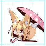  1girl :d animal_ears bangs barefoot beige_coat blush_stickers chibi coat dated eyebrows_visible_through_hair fox_ears fox_girl fox_tail hair_between_eyes holding holding_umbrella long_hair long_sleeves looking_away looking_up musical_note open_mouth original pink_umbrella pleated_skirt polka_dot polka_dot_umbrella quaver rain red_eyes sidelocks skirt smile standing tail umbrella very_long_hair white_background white_skirt yuuji_(yukimimi) 