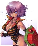  1girl amania_orz blue_eyes breasts cleavage gloves jewelry large_breasts necklace shield short_hair sleeveless tagme violet_eyes 