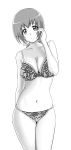  1girl absurdres bakusai bangs bare_shoulders bra breasts cleavage closed_mouth collarbone copyright_request cowboy_shot eyebrows_visible_through_hair greyscale hand_up highres medium_breasts monochrome navel panties print_bra print_panties simple_background smile solo standing stomach tareme thighs underwear underwear_only white_background 