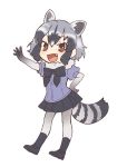  1girl :d animal_ears arm_up black_footwear black_gloves black_hair black_neckwear black_skirt bow bowtie brown_eyes common_raccoon_(kemono_friends) doremifa_rondo_(vocaloid) extra_ears eyebrows_visible_through_hair fang full_body fur_collar gloves grey_hair hand_on_hip kemono_friends looking_at_viewer miniskirt multicolored_hair official_art open_mouth pantyhose pleated_skirt raccoon_ears raccoon_tail short_hair short_sleeves simple_background skirt smile solo tail tama_(songe) white_background 