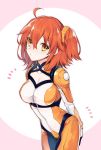  1girl :&lt; ahoge arms_behind_back blush bodysuit breasts cleavage fate/grand_order fate_(series) fujimaru_ritsuka_(female) hair_ornament hair_scrunchie looking_at_viewer mitsuya_bonjin one_side_up orange_eyes orange_hair scrunchie short_hair solo 