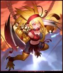  1girl 2017 artist_name bangs bare_shoulders belt belt_buckle belt_collar black_border black_shorts blonde_hair blue_fire blurry blush border breasts buckle character_request claw_(weapon) claws collarbone dated depth_of_field dual_wielding duel_masters eyebrows eyebrows_visible_through_hair eyelashes facing_away fire hair_between_eyes headband legs_apart long_hair looking_away medium_breasts monster_girl navel o-ring open_mouth pink_eyes pointy_ears red_belt red_collar red_headband scales shorts single_strap solo stomach strapless tail tassel text tsurime tubetop v-shaped_eyebrows weapon yoshizaki_mine 