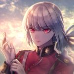  1girl braid fate/grand_order fate_(series) florence_nightingale_(fate/grand_order) gloves lipstick makeup military military_uniform moe_(hamhamham) outdoors pink_hair red_eyes sky solo uniform 