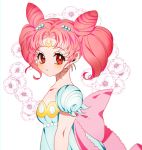 1girl bangs bishoujo_senshi_sailor_moon bow chibi_usa crescent double_bun dress facial_mark flower forehead_mark from_side hair_ornament hairclip looking_at_viewer nanette_(krowaze) parted_bangs pink_bow pink_hair puffy_short_sleeves puffy_sleeves red_eyes short_sleeves small_lady_serenity solo twintails upper_body white_dress 