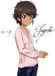  1girl artist_name blouse blue_eyes blue_pants brown_hair bukkuri casual character_name closed_mouth cursive dark_skin dated girls_und_panzer long_sleeves looking_at_viewer messy_hair pants pink_blouse short_hair signature simple_background sketch smile solo standing suzuki_(girls_und_panzer) upper_body white_background 