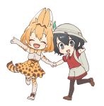  2girls :d ^_^ animal_ears backpack bag belt black_eyes black_hair black_legwear blonde_hair bow bowtie brown_footwear bucket_hat closed_eyes doremifa_rondo_(vocaloid) elbow_gloves extra_ears eyebrows_visible_through_hair facing_viewer full_body gloves hair_between_eyes hand_holding hat hat_feather high-waist_skirt kaban_(kemono_friends) kemono_friends leg_up looking_at_viewer multiple_girls no_gloves official_art open_mouth pantyhose print_gloves print_legwear print_skirt red_shirt serval_(kemono_friends) serval_ears serval_print serval_tail shirt short_hair short_sleeves shorts simple_background skirt smile tail tama_(songe) thigh-highs white_background yellow_neckwear 