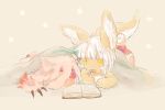  1girl :3 :d animal_ears blanket book claws creature eyebrows_visible_through_hair furry hideko_(l33l3b) made_in_abyss mitty_(made_in_abyss) nanachi_(made_in_abyss) open_book open_mouth pants paws reading red_eyes short_hair smile topless under_covers whiskers white_hair yellow_eyes 