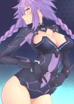  1girl blue_eyes blush braid breasts cleavage cleavage_cutout covered_navel cowboy_shot dura facing_to_the_side hands_on_own_stomach highres large_breasts leotard long_hair looking_at_viewer neptune_(series) open_mouth power_symbol purple_hair purple_heart skin_tight solo symbol-shaped_pupils twin_braids twintails 