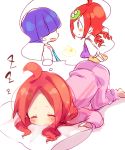  1boy 1girl :o ahoge ana_(rznuscrf) andou_ringo bangs barefoot blue_neckwear blush closed_eyes dreaming forehead hair_over_eyes low_twintails necktie open_mouth pajamas pants parted_bangs pillow pink_pajamas pink_pants pink_shirt profile purple_hair puyopuyo redhead ringlets sasaki_maguro shirt short_sleeves sleeping twintails white_background white_shirt zzz 