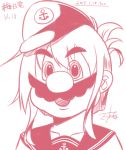  1girl :d anchor_symbol bangs dated eyebrows_visible_through_hair facial_hair fusion gurande_(g-size) hat inazuma_(kantai_collection) kantai_collection looking_at_viewer mario super_mario_bros. monochrome mustache open_mouth pink school_uniform serafuku signature simple_background smile solo tied_hair upper_body white_background 