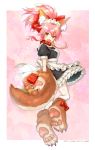  1girl alternate_costume animal_ears apron bell bell_collar breasts cat_paws collar commentary_request dated enmaided fang fate/grand_order fate_(series) fox_ears fox_tail frills full_body gift gift_bag gloves highres jingle_bell long_hair looking_at_viewer maid maid_apron maid_headdress medium_breasts open_mouth paw_gloves paw_shoes paws pink_hair ponytail shoes solo tail tamamo_(fate)_(all) tamamo_cat_(fate) tranquil-lizer valentine white_legwear yellow_eyes 