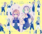  2boys ? a3! belt blonde_hair boots chigasaki_itaru closed_eyes cropped_vest cross-laced_footwear dancing earmuffs fingerless_gloves fleeing gloves happy_synthesizer_(vocaloid) headset heart high_tops highres male_focus multiple_boys pink_hair polka_dot ponytail pose shoes sleeveless sneakers song_name star tank_top vest yabapi yellow_background yukishiro_azuma 