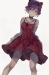  1girl bow choker dress eyebrows_visible_through_hair fang gegege_no_kitarou hair_bow highres kumamoto_nomii-kun long_sleeves looking_at_viewer nekomusume nekomusume_(gegege_no_kitarou_6) purple_hair red_bow red_dress shirt short_dress slit_pupils solo white_shirt yellow_eyes 