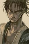  1boy bangs closed_mouth copyright_request grey_background hankuri looking_at_viewer male_focus monochrome scar scar_across_eye serious simple_background solo upper_body 