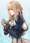  1girl blonde_hair blue_eyes blue_jacket braid brooch closed_mouth eyebrows_visible_through_hair gloves hair_between_eyes hair_ribbon highres jacket jewelry lips long_hair long_sleeves makimura_shunsuke mechanical_arm red_ribbon ribbon simple_background single_glove solo violet_evergarden violet_evergarden_(character) 
