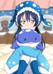 1girl animal_costume animal_hat bangs blue_hair blush commentary_request costume eyebrows_visible_through_hair fur_trim hair_between_eyes hat leg_hug long_hair looking_at_viewer love_live! love_live!_school_idol_festival love_live!_school_idol_project object_hug sitting solo sonoda_umi sooki stuffed_animal stuffed_toy teddy_bear very_long_sleeves whale_shark yellow_eyes 
