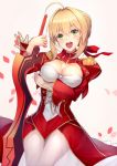  1girl :d aestus_estus ahoge blonde_hair blush breast_hold breasts cleavage cleavage_cutout cowboy_shot dress epaulettes eyebrows_visible_through_hair fate/extra fate_(series) green_eyes hair_intakes hair_ribbon head_tilt holding holding_sword holding_weapon juliet_sleeves kyoeiki long_sleeves looking_at_viewer medium_breasts nero_claudius_(fate) nero_claudius_(fate)_(all) open_mouth petals pink_background puffy_sleeves red_dress red_ribbon ribbon round_teeth see-through shiny shiny_hair short_hair sidelocks simple_background smile solo standing sword teeth thigh_gap weapon 