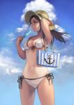  1girl anchor_symbol arm_up bag bikini blue_sky breasts brown_eyes brown_hair clouds cowboy_shot day food front-tie_bikini front-tie_top hat holding long_hair medium_breasts navel nekumun original outdoors popsicle revision scrunchie side-tie_bikini sky smile solo standing sun_hat swimsuit white_bikini wind wrist_scrunchie 