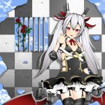  1girl arm_at_side azur_lane bangs bars belt black_legwear bow breasts checkered clouds cloudy_sky cowboy_shot detached_sleeves fang flower garter_straps grey_hair hair_bow hair_ornament head_tilt headgear kiaro looking_at_viewer machinery open_mouth rose silver_hair sky small_breasts smile standing strap_pull thigh-highs twintails vampire_(azur_lane) violet_eyes zettai_ryouiki 