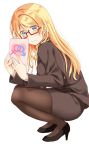  1girl ayase_eli blonde_hair blue_eyes eyebrows_visible_through_hair formal glasses highres long_hair looking_at_viewer love_live! love_live!_school_idol_project mogu_(au1127) office_lady pantyhose solo squatting sweatdrop 