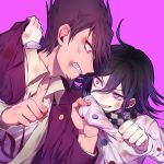  2boys ahoge anger_vein angry battle beard black_hair bruise_on_face checkered_neckwear clenched_hand clenched_teeth clothes_grab collared_shirt cravat crazy_eyes dangan_ronpa eye_contact facial_hair grabbing hair_between_eyes highres jacket long_sleeves looking_at_another male_focus momota_kaito multiple_boys nanin new_dangan_ronpa_v3 open_clothes open_jacket open_mouth ouma_kokichi pink_background purple_hair purple_jacket school_uniform shirt simple_background teeth upper_body violet_eyes white_shirt wing_collar 