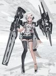  1girl black_legwear black_shorts bridal_gauntlets cancell elbow_gloves full_body gloves headgear highres long_hair looking_at_viewer mecha_musume original pigeon-toed science_fiction short_shorts shorts single_thighhigh standing thigh-highs weapon white_eyes white_hair 