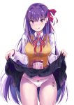  1girl bangs black_skirt body_writing bow bow_panties breasts brown_vest buttons closed_mouth collared_shirt eyebrows_visible_through_hair fate/stay_night fate_(series) gluteal_fold hair_ribbon heart highres konka licking_lips lifted_by_self long_hair long_sleeves looking_at_viewer matou_sakura medium_breasts nail_polish panties pink_nails purple_hair red_ribbon ribbon shirt simple_background skirt skirt_lift solo standing tongue tongue_out translation_request underwear valentine very_long_hair vest violet_eyes white_background white_panties white_shirt 