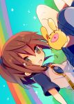  1girl :d ana_(rznuscrf) arle_nadja bangs blue_footwear blue_scrunchie blue_skirt blush boots brown_eyes brown_hair carbuncle_(puyopuyo) dutch_angle eyebrows_visible_through_hair hair_between_eyes hair_ornament hair_scrunchie high_ponytail looking_at_viewer madou_monogatari open_mouth pleated_skirt ponytail puyopuyo rabbit rainbow scrunchie shirt short_sleeves sitting skirt smile sparkle white_shirt 