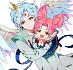  1boy 1girl :d bishoujo_senshi_sailor_moon chibi_usa closed_mouth crying crying_with_eyes_open double_bun feathered_wings forehead_jewel from_above hands_clasped happy helios_(sailor_moon) holding horn looking_at_viewer nanette_(krowaze) open_mouth own_hands_together pink_hair school_uniform serafuku smile tears twintails white_hair white_wings wings yellow_eyes 