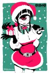  1girl bare_shoulders black_hair blush box breasts cleavage cowboy_shot cyclops earrings fur_trim gift gift_box gloves hat hitomi_sensei_no_hokenshitsu jewelry manaka_hitomi medium_breasts one-eyed red_eyes santa_costume santa_hat shake-o snow solo twitter_username 