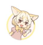  1girl :3 :d animal_ears blonde_hair bow bowtie breast_pocket brown_hair doremifa_rondo_(vocaloid) extra_ears eyebrows_visible_through_hair fennec_(kemono_friends) fox_ears hand_up highres kemono_friends looking_at_viewer official_art open_mouth pink_sweater pocket short_hair short_sleeves smile solo sweater tama_(songe) white_background yellow_neckwear 
