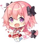  1boy artist_name astolfo_(fate) bangs black_bow blush bow braid chibi commentary english_commentary eyebrows_visible_through_hair fate/apocrypha fate_(series) flower hair_bow hand_up heart hitsukuya jumping legs_together long_hair lowres midriff neckerchief petals pink_hair pink_neckwear pink_sailor_collar pleated_skirt red_flower red_rose red_skirt rose rose_petals sailor_collar school_uniform serafuku shirt short_sleeves signature single_braid skirt solo thigh-highs very_long_hair violet_eyes white_legwear white_shirt 