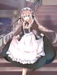  1girl :d alternate_costume apron blue_eyes blurry building candle depth_of_field drill_hair enmaided fate/grand_order fate_(series) long_hair looking_at_viewer maid maid_apron maid_headdress marie_antoinette_(fate/grand_order) miyo_(user_zdsp7735) open_mouth painting_(object) silver_hair skirt skirt_lift skyscraper smile solo stairs twin_drills twintails 