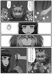  !? 4girls ? american_beaver_(kemono_friends) animal_ears barbary_lion_(kemono_friends) black-tailed_prairie_dog_(kemono_friends) comic crossover godzilla godzilla_(series) greyscale highres kemono_friends kishida_shiki monochrome multiple_girls personification shin_godzilla spoken_question_mark translation_request 