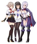  3girls :o bangs belt between_breasts black_footwear black_gloves black_hair black_legwear black_skirt blue_eyes blunt_bangs boots breast_press breasts chains cleavage cleavage_cutout closed_mouth covered_navel detached_collar eyebrows_visible_through_hair fingerless_gloves full_body girls_frontline gloves grey_hair hair_intakes hair_over_one_eye hairband hand_on_another&#039;s_hip hand_on_another&#039;s_shoulder hand_on_hip high_heel_boots high_heels highres iron_cross large_breasts leaf98k long_hair long_sleeves looking_at_viewer medium_breasts mg5_(girls_frontline) military military_uniform miniskirt multiple_girls pantyhose parted_lips pleated_skirt pose puffy_short_sleeves puffy_sleeves qbz-95_(girls_frontline) shirt shoes short_hair short_sleeves silver_hair skirt sleeveless sleeveless_shirt smile standing thigh-highs uniform vector_(girls_frontline) very_long_hair white_background white_footwear white_gloves white_hairband white_shirt white_skirt wide_sleeves yellow_eyes zettai_ryouiki 