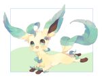  :d blush fangs full_body green_background green_eyes hideko_(l33l3b) highres leaf leafeon looking_at_viewer no_humans open_mouth pokemon pokemon_(creature) smile solo two-tone_background white_background 
