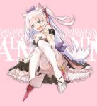  1girl animal_ears azur_lane bare_shoulders blue_eyes bow cat_ears choker commentary_request crying crying_with_eyes_open ha2ru hair_bow hair_ribbon hammann_(azur_lane) high_heels long_hair open_mouth pink_background remodel_(azur_lane) ribbon sitting solo tears thigh-highs two_side_up wavy_mouth white_hair white_legwear 
