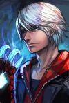 1boy aura bangs blue_eyes capcom claws closed_mouth devil_may_cry devil_may_cry_4 hair_between_eyes hand_up hankuri hood hooded_jacket jacket looking_at_viewer male_focus nero_(devil_may_cry) red_jacket serious solo white_hair