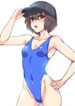  1girl blue_hat blue_swimsuit brown_eyes brown_hair chestnut_mouth cowboy_shot hai_(h81908190) hand_on_hip hat highleg highleg_leotard leotard looking_at_viewer open_mouth original short_hair simple_background solo swimsuit white_background 