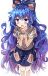  1girl blue_eyes blue_hair blue_skirt blush bow crying crying_with_eyes_open debt e.o. hair_bow hands_on_own_chest highres hood hoodie long_hair looking_at_viewer open_mouth simple_background skirt solo tears touhou very_long_hair white_background yorigami_shion 