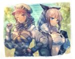  2girls black_gloves blaziken blurry blurry_background breasts brown_hair cleavage drill_hair fingerless_gloves fur_trim gloves goggles goggles_on_headwear hand_up hat jacket kommo-o long_hair moe_(hamhamham) multiple_girls outdoors personification pokemon ponytail upper_body 