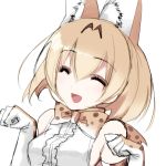  absurdres animal_ears armpit_crease bad_id bad_pixiv_id bangs bare_shoulders blonde_hair bow bowtie breasts claw_pose closed_eyes detached_sleeves dress ears_visible_through_hair eyebrows_visible_through_hair hair_between_eyes hands_up highres kemono_friends misteor open_mouth serval_(kemono_friends) short_hair sketch smile white_background white_dress 