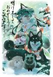  1girl akeome animal_ears bangs bayashiko black_eyes black_hair blunt_bangs commentary_request dog dog_ears facial_mark flower fur_collar fur_trim happy_new_year highres holding japanese_clothes kimono long_sleeves looking_at_viewer new_year original snow snowing solo tanuki torii translated wide_sleeves year_of_the_dog 