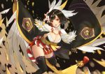  anmaki black_hair black_legwear breasts claws cleavage feathered_wings feathers hair_ornament highres itsumade_(onmyoji) japanese_clothes looking_at_viewer monster_girl onmyoji red_eyes thigh-highs wings 
