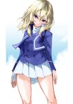  1girl bangs blonde_hair blue_eyes blue_jacket blue_vest closed_mouth commentary_request cowboy_shot double-breasted dress_shirt eyebrows_visible_through_hair girls_und_panzer hair_flowing_over head_tilt high_collar jacket long_sleeves looking_at_viewer medium_hair miniskirt nagasawa_tougo no_hat no_headwear open_clothes open_jacket oshida_(girls_und_panzer) pleated_skirt shirt skirt solo standing vest white_shirt white_skirt 