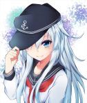  &gt;:) 1girl anchor_symbol artist_request blue_eyes flat_cap hat hat_over_one_eye hat_tip hibiki_(kantai_collection) kantai_collection long_hair long_sleeves looking_at_viewer neckerchief sailor_collar school_uniform serafuku smile solo upper_body white_background white_hair 